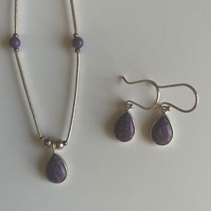 Purple Turquoise necklace and Earrings Sterling Silver Set 18”